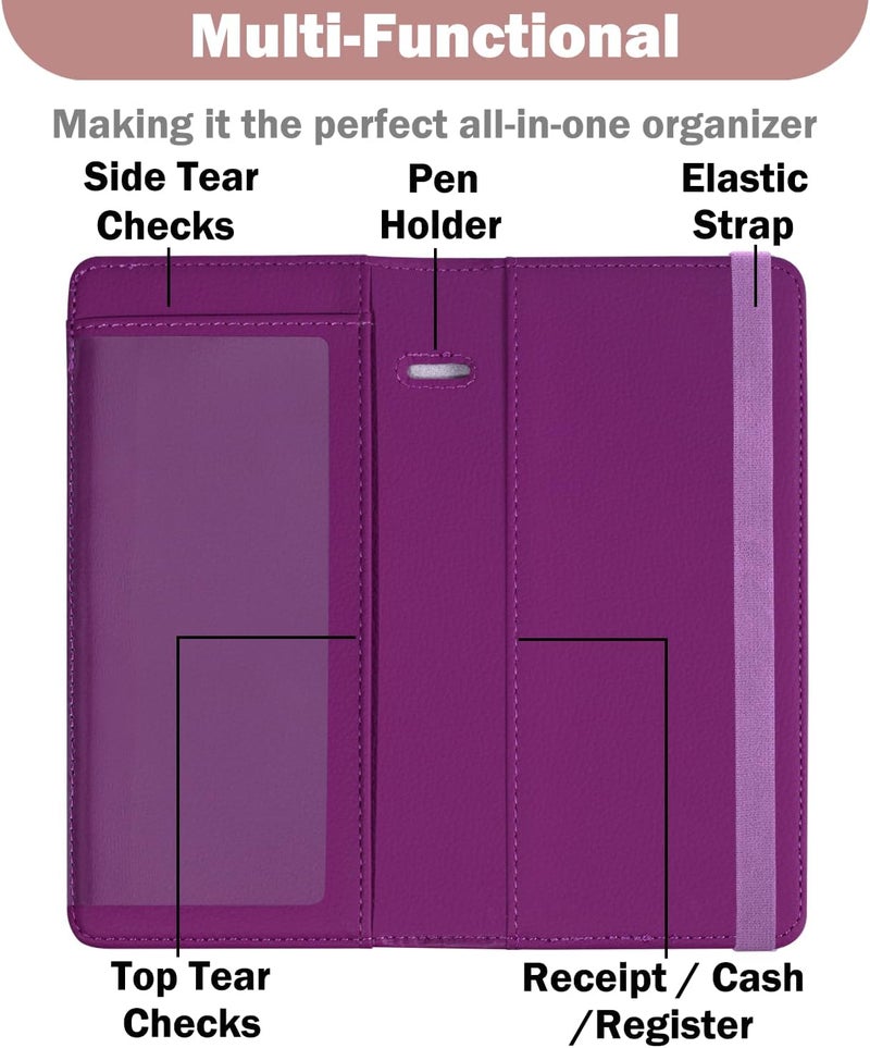 Hot Cool Checkbook Cover with Elastic Band - Premium Leather Clear PVC Divider Durable, Compact, and Multi-Functional Holder Wallet Case for Man and Woman, Litchi - Purple - Image 3